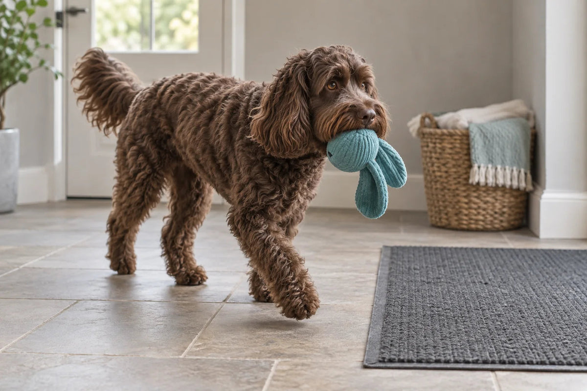 A chocolate Cockapoo carrying a soft teal toy towards a mat in a bright entrance room