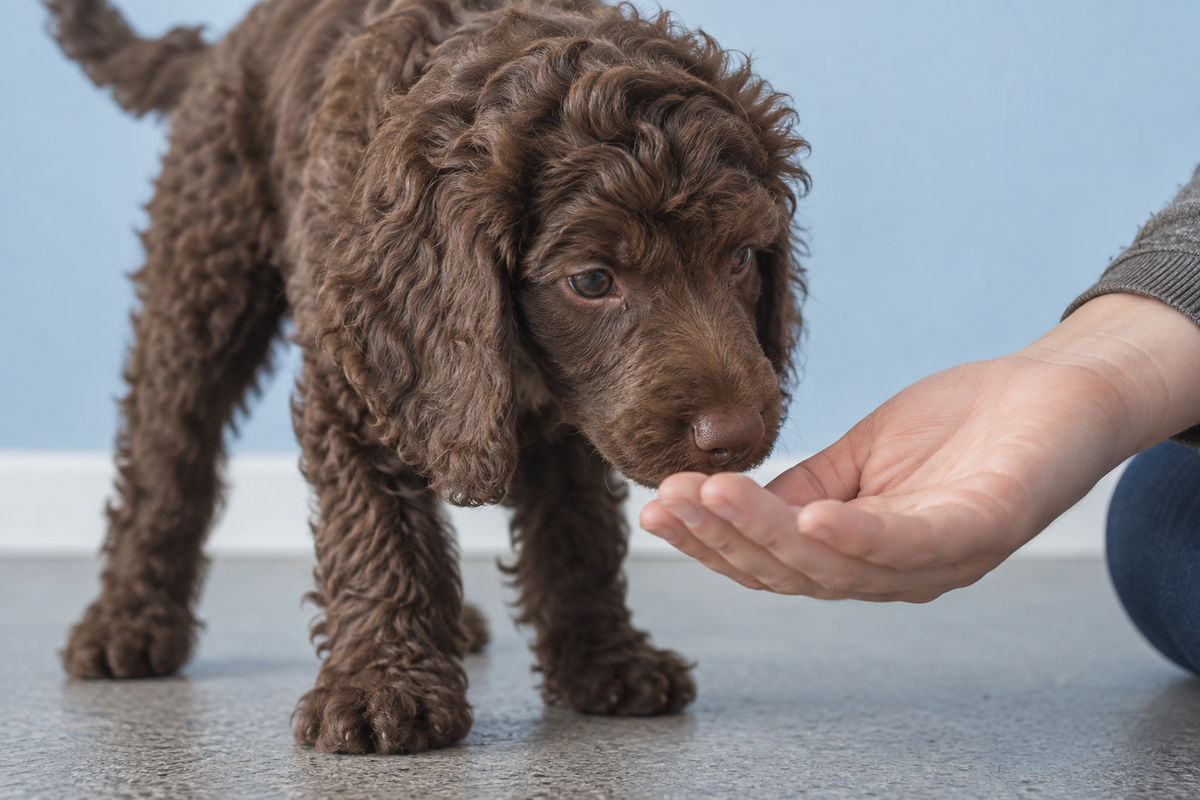 Young brown poodle puppy calmly sniffing a pet parent's open hand