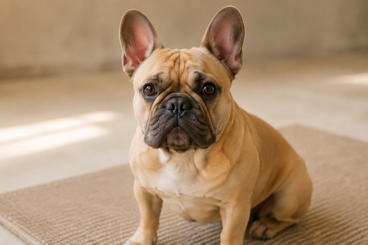 Editorial illustration of a French bulldog with visible facial folds and comfortable-looking skin