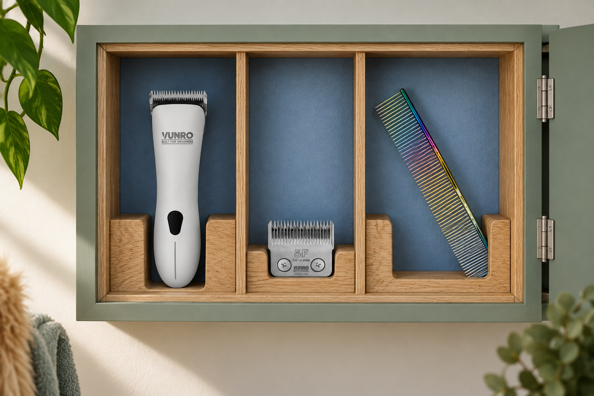 D-Series clipper, matching 5F blade and rainbow comb organised in separate wall-storage compartments