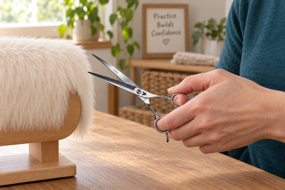 An adult practises with VUNRO curved grooming scissors beside synthetic practice fur.