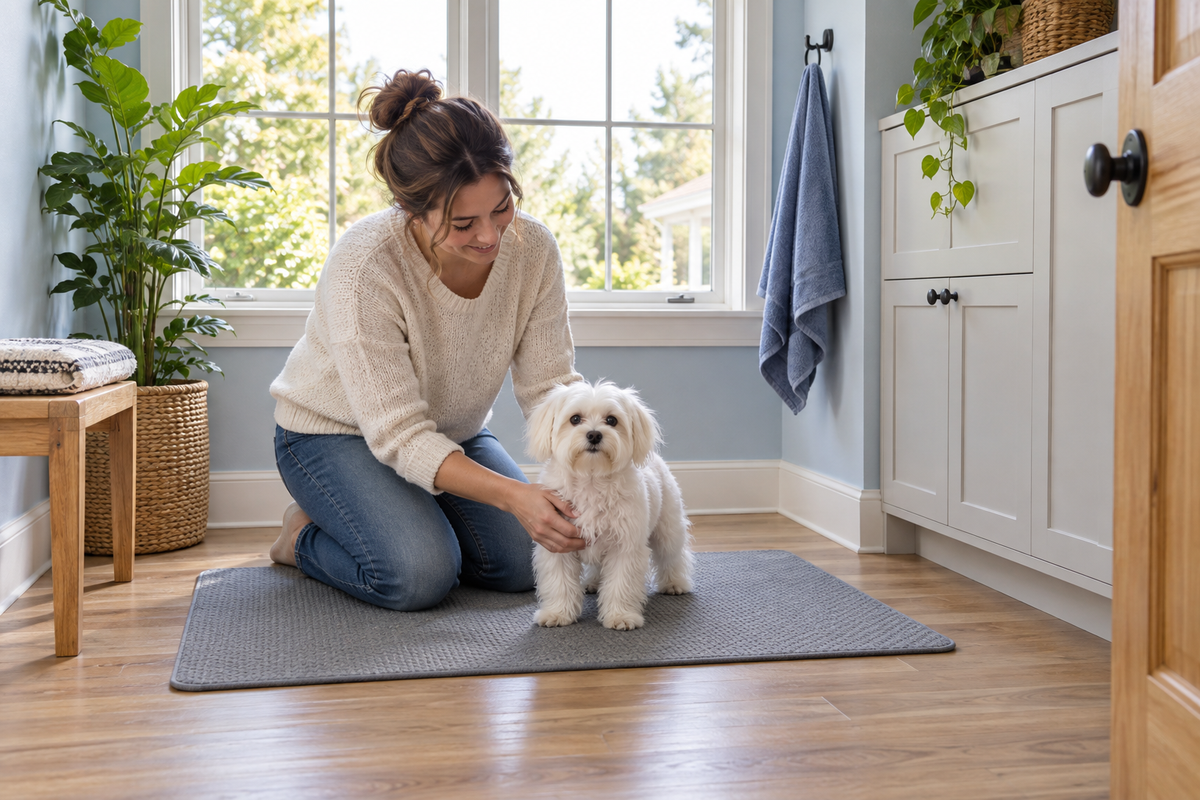 Pet parent and Maltese in a clear home grooming space with a non-slip mat