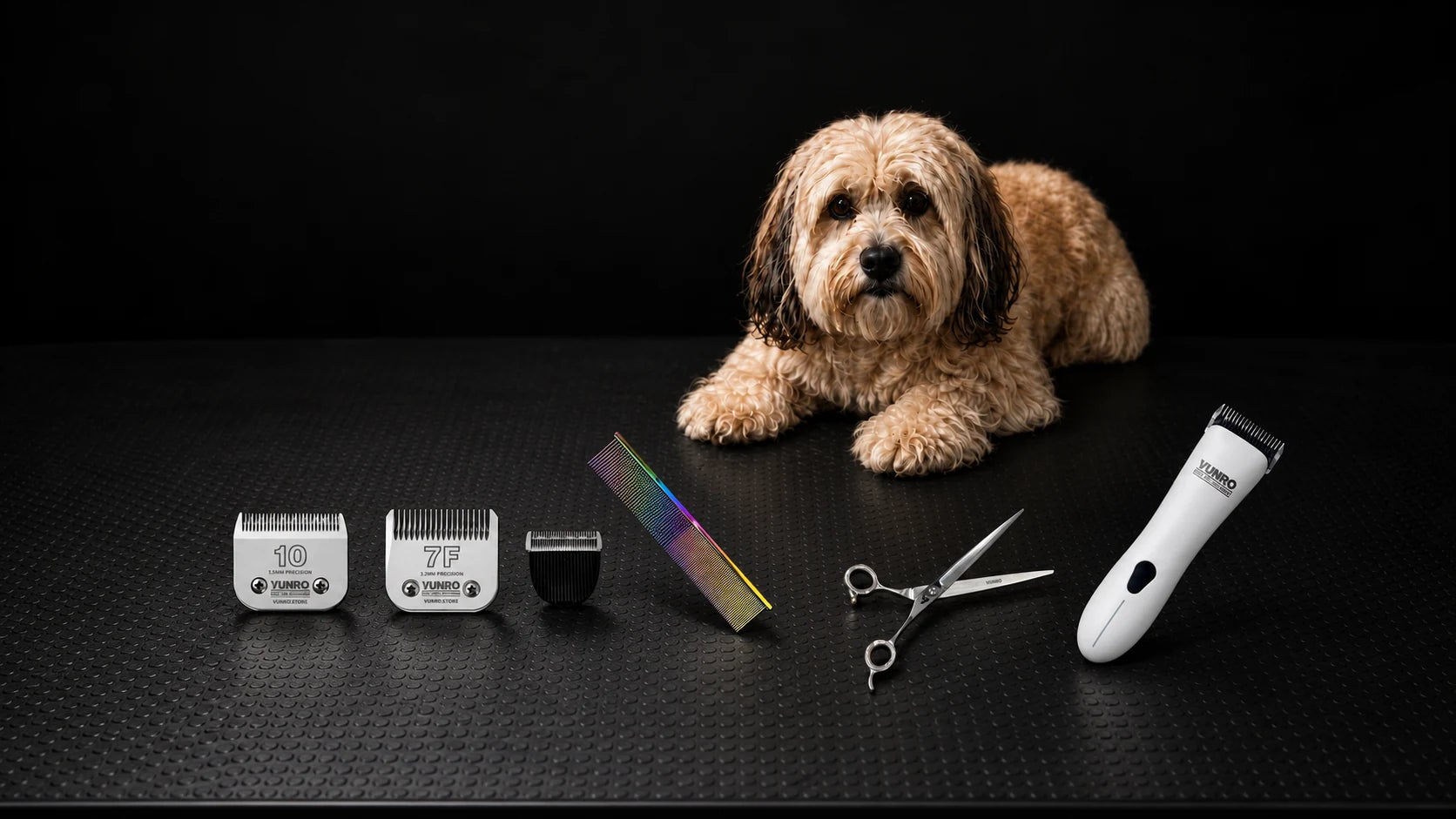 VUNRO grooming blades, comb, scissors and clipper arranged on a grooming table beside a calm dog