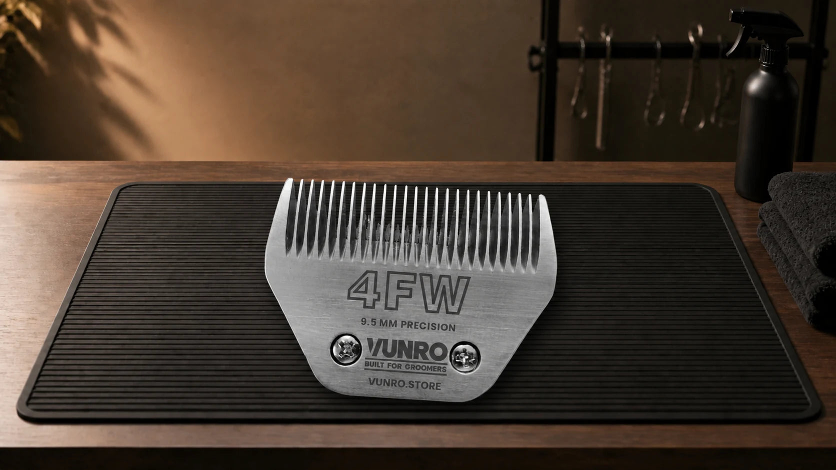#4FW Dog Clipper Blade (9.5 mm) resting naturally on the VUNRO grooming workbench